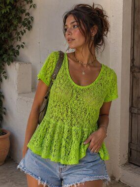 Y2K Neon Green Sheer Lace Peplum Top Festival 1X Plus